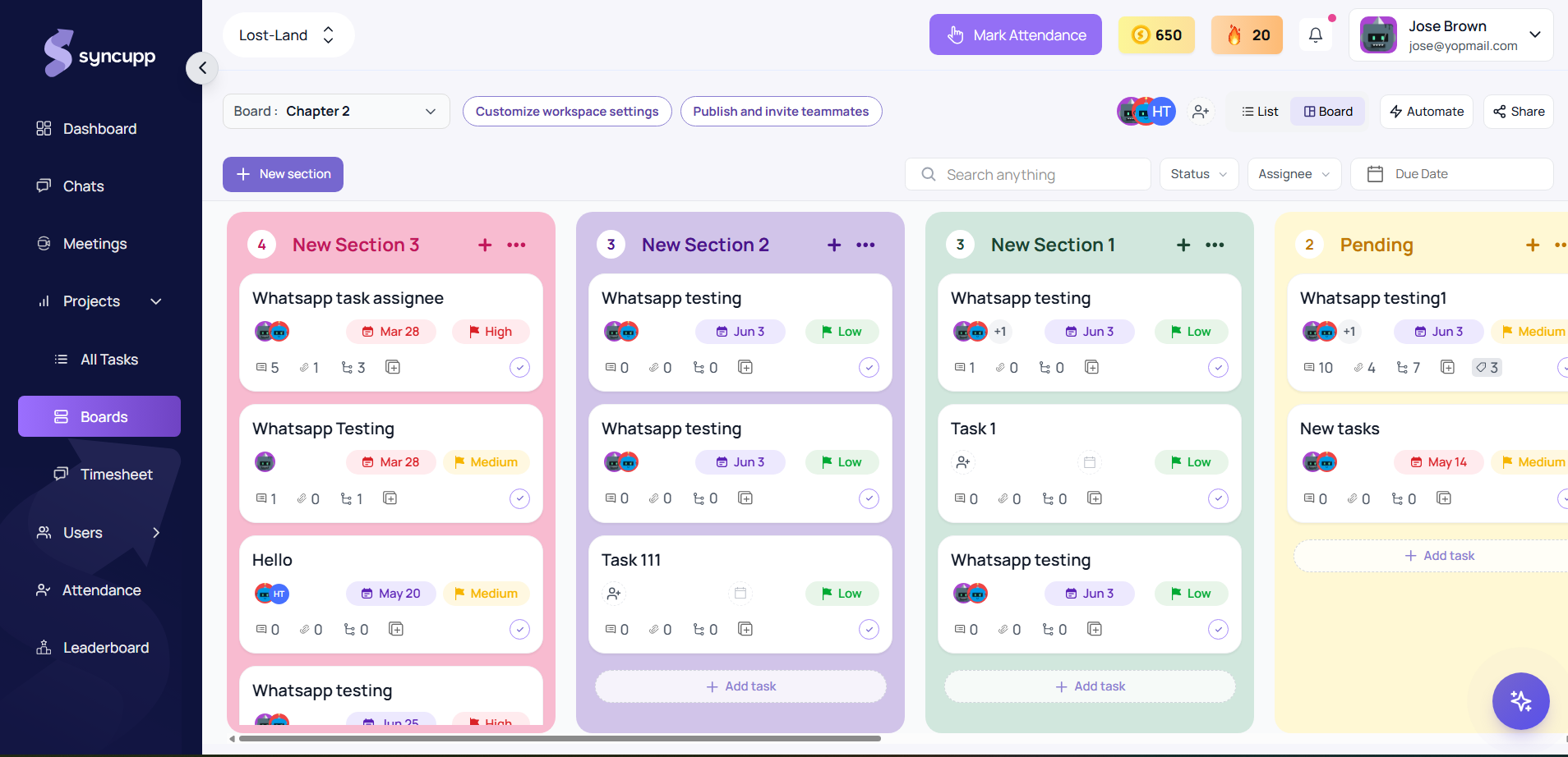 Syncupp app showing a Kanban board with task columns, priorities, and workspace controls